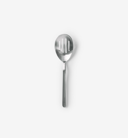 Stainless steel slotted serving spoon with brushed finish